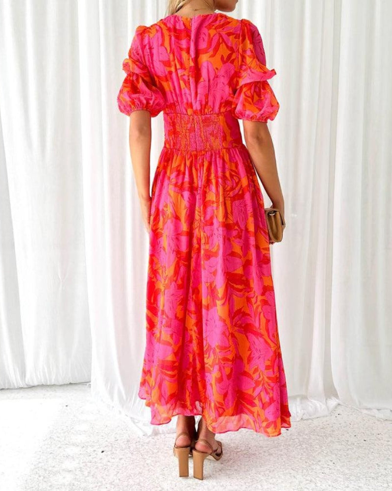 Zelmira | Vestido maxi elegante con estampado y manga corta