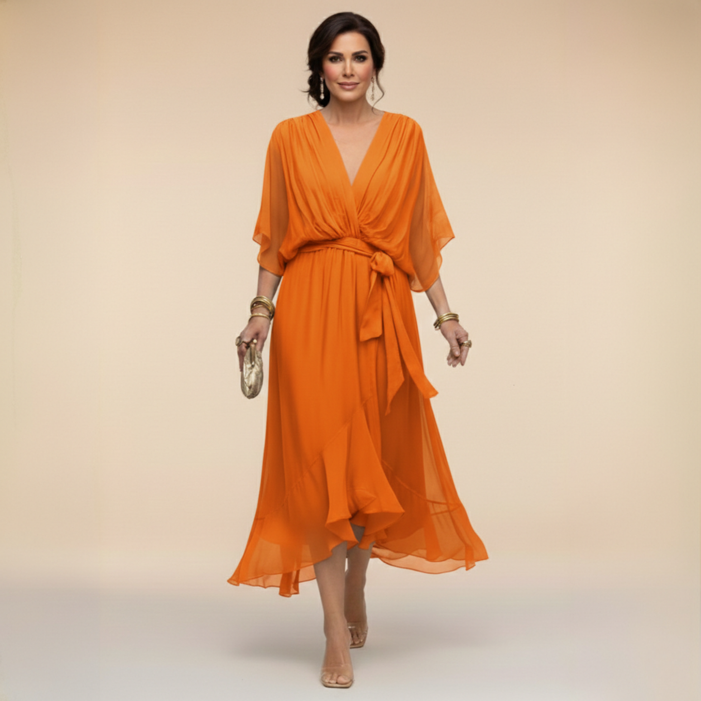 Vestido Midi Mujer Elegante Fluido – Escote V y Cintura Ajustable