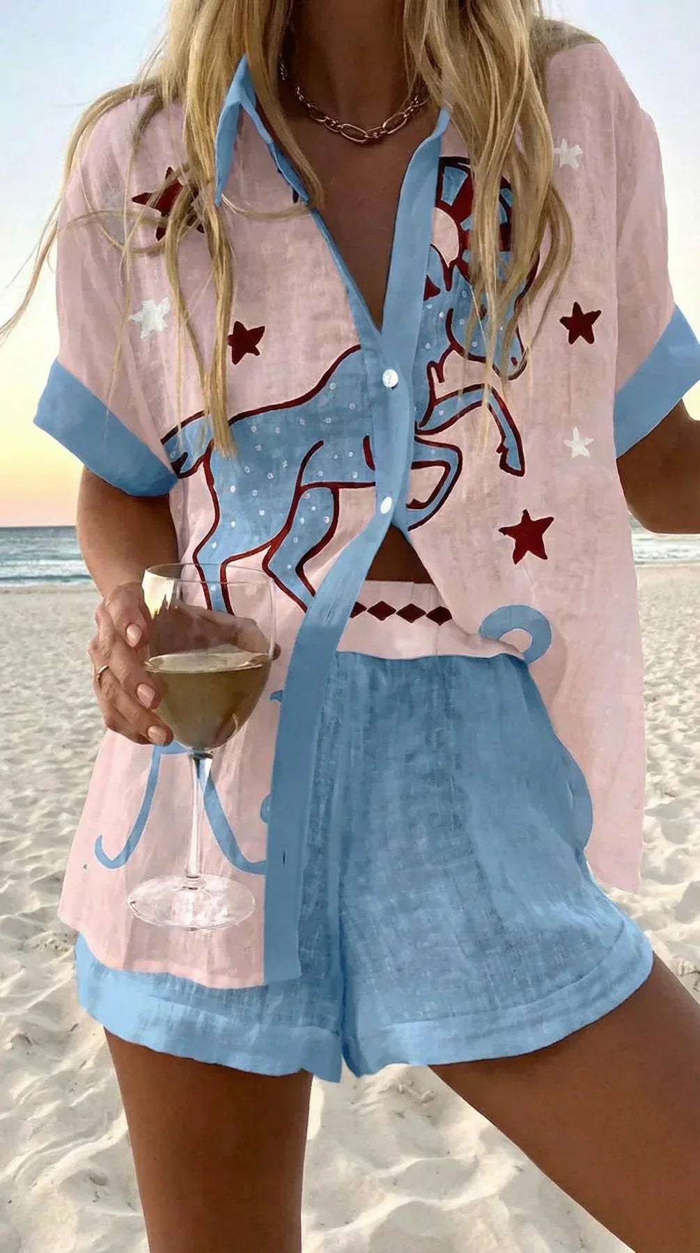 Conjunto mujer bohemio de verano con camisa estampada y shorts