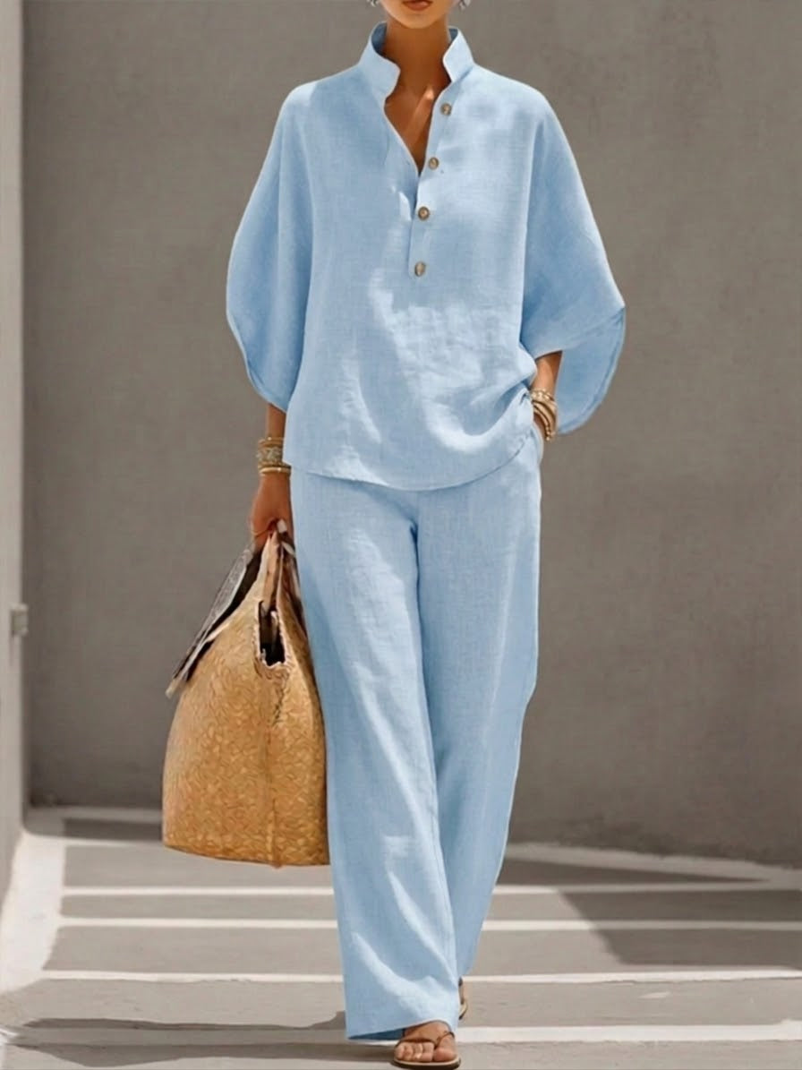 Lorena | Conjunto de Algodón Lino con Mangas Murciélago y Pantalón Ancho