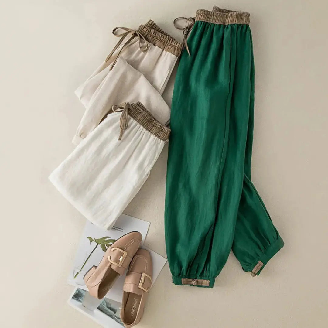 Pantalón de mujer con cintura elástica, cordón ajustable, pernera estrecha y puños fruncidos