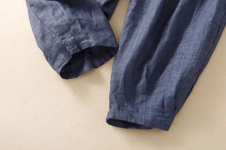 Pantalones de lino de pierna ancha para mujer con cordón