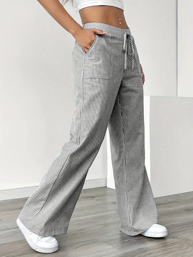 Pantalones de rayas de pierna ancha con cordón para mujer