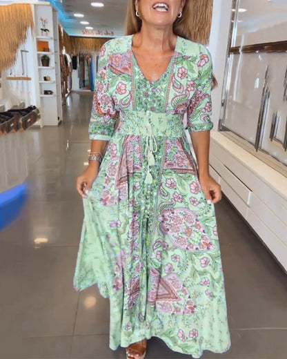 Vestido maxi para mujer con estampado bohemio y cintura ajustable