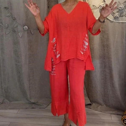 Conjunto mujer casual dos piezas escote V fluido