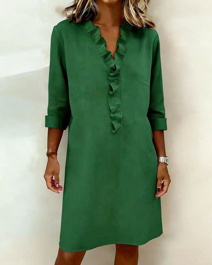 Vestido mujer lino algodón escote V volantes elegante casual