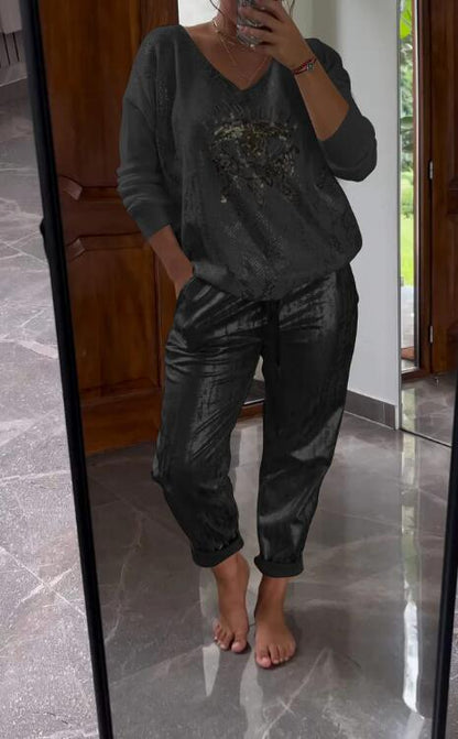 Conjunto mujer chic brillante escote V elegante