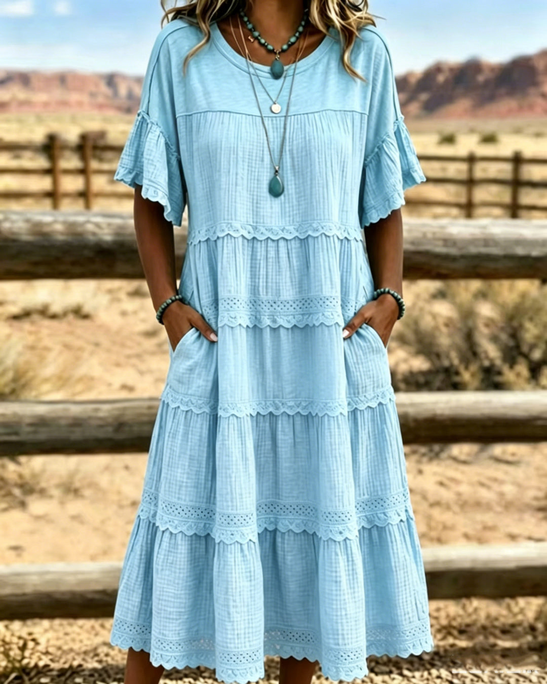 Vestido largo para mujeres de algodón y lino con volantes