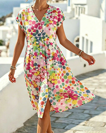 Vestido para mujer con estampado de lunares multicolor y escote en V