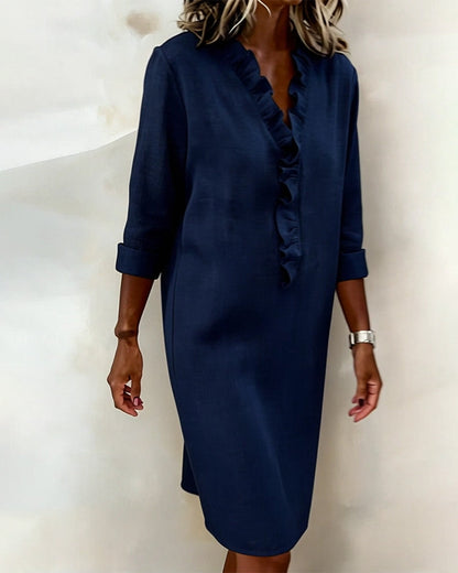 Vestido mujer lino algodón escote V volantes elegante casual