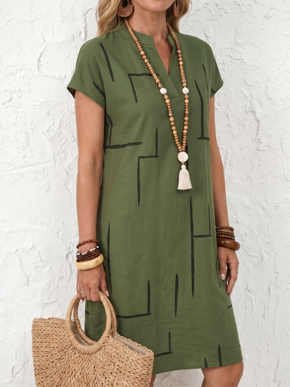 Vestido midi mujer algodón lino estampado geométrico escote V casual verano