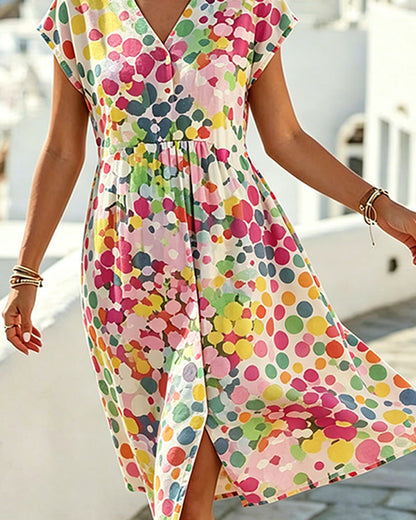 Vestido para mujer con estampado de lunares multicolor y escote en V