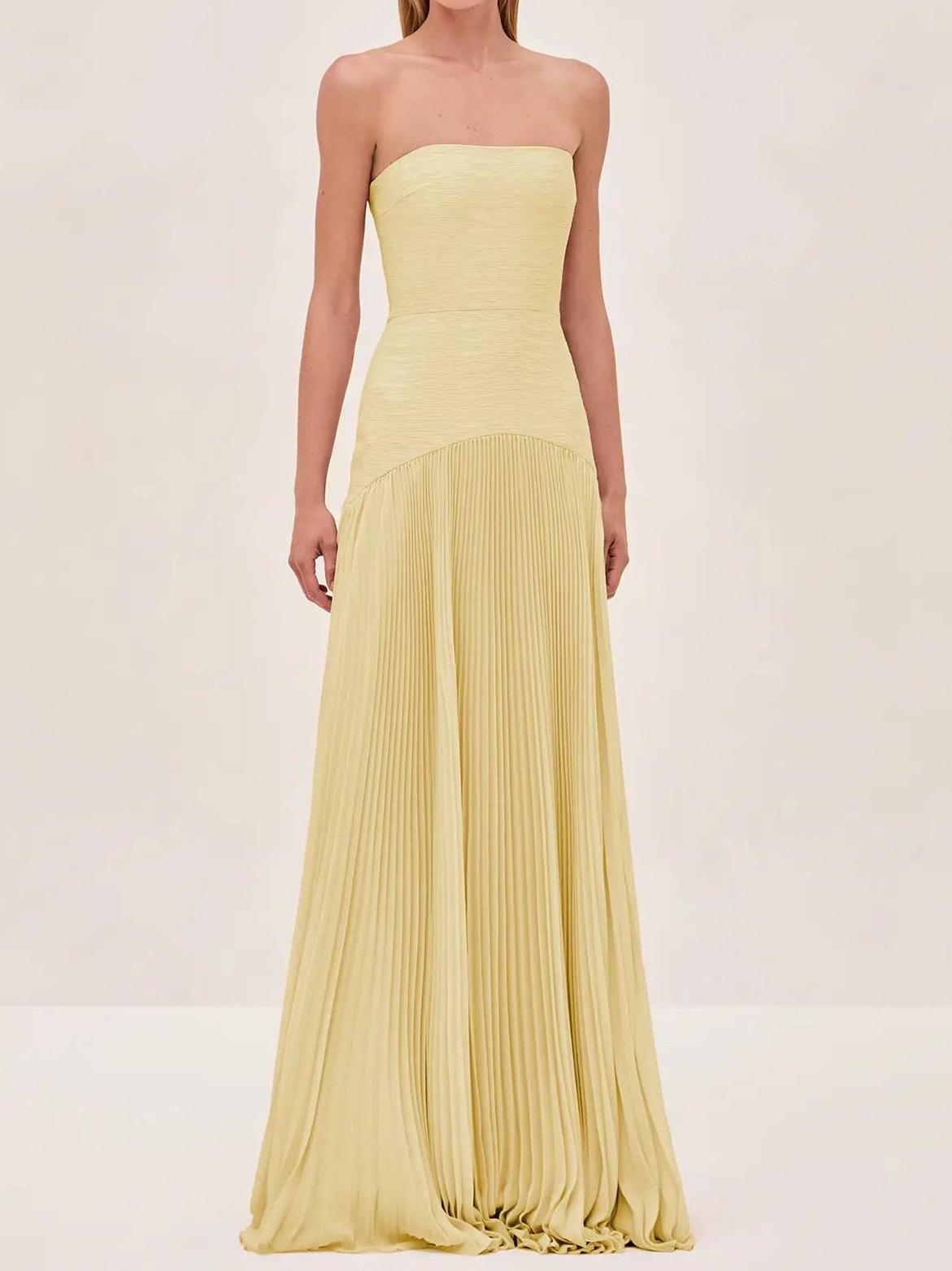 Elviera | Vestido maxi para mujer con pliegues y sin tirantes estilo boda