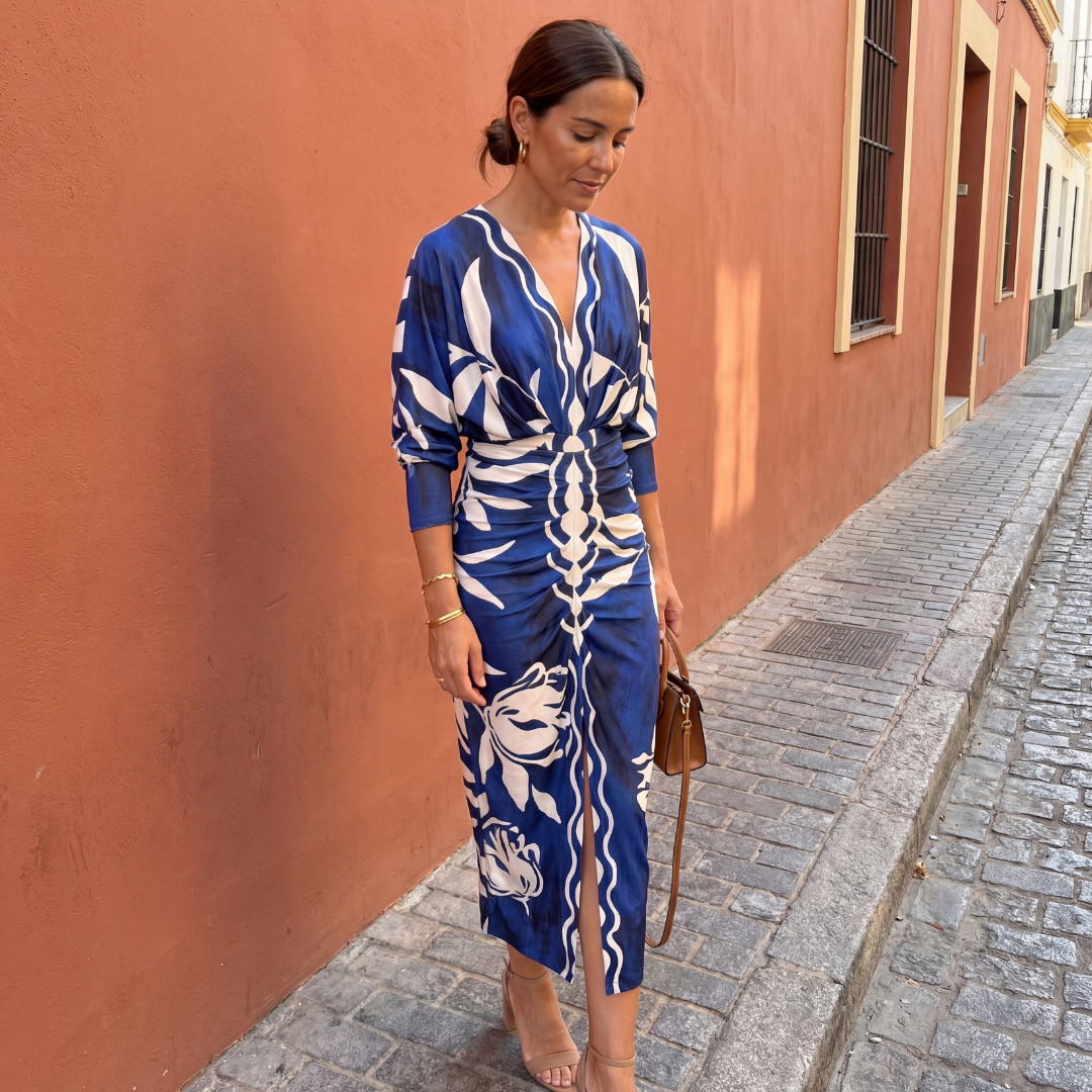 Vestido mujer elegante escote V estampado – vestido midi cruzado fluido