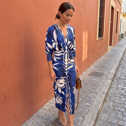 Vestido mujer elegante escote V estampado – vestido midi cruzado fluido