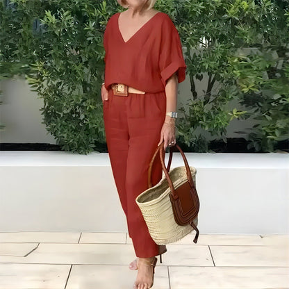Conjunto mujer cuello V pantalón recto bolsillos casual chic