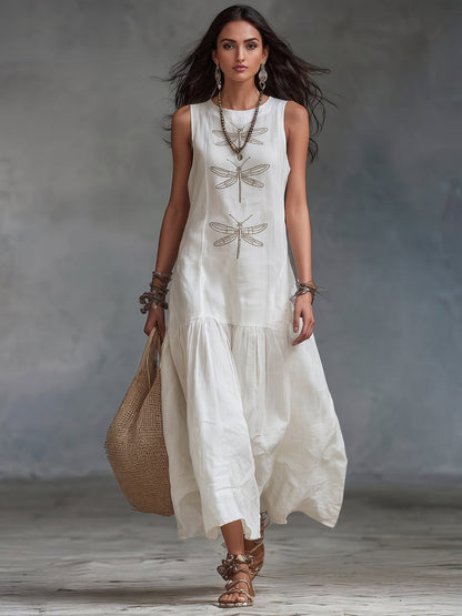Vestido largo de algodón y lino con bordado de libélulas