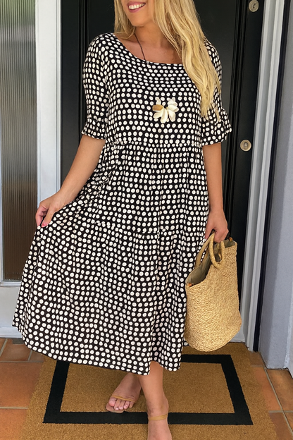 Vestido midi mujer lunares manga corta vuelo por niveles casual elegante verano