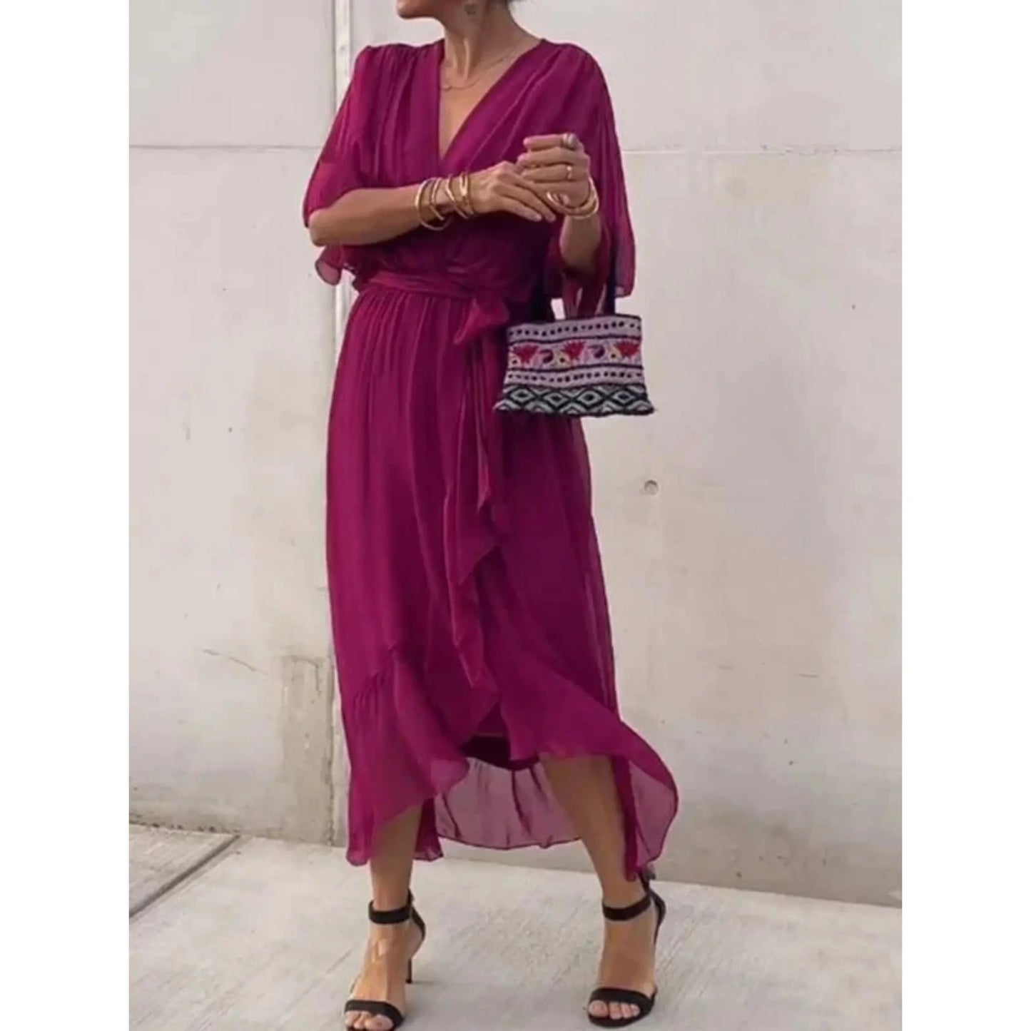 Camila | Mujer vestido midi con escote en V y cinturón
