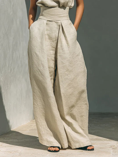 Flor™ | Conjunto minimalista de blusa sin mangas y pantalón de pernera ancha en algodón y lino para mujer