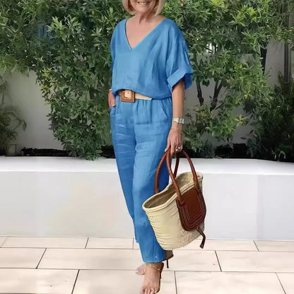 Conjunto mujer cuello V pantalón recto bolsillos casual chic