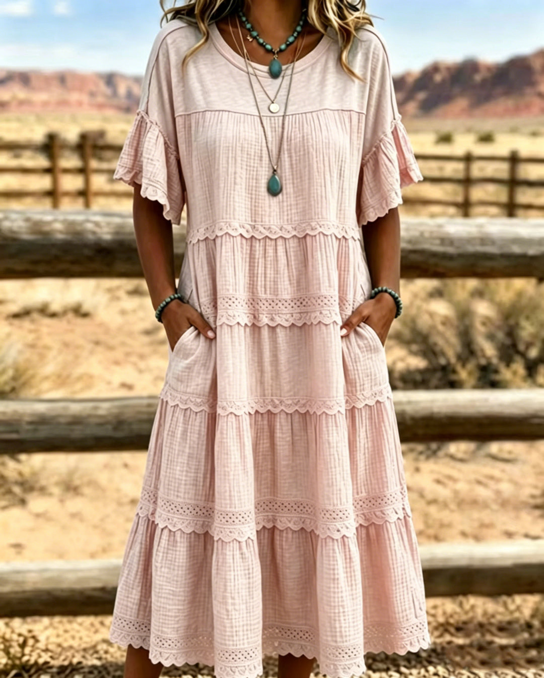 Vestido largo para mujeres de algodón y lino con volantes