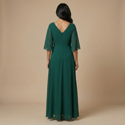 Vestido Largo Mujer Elegante Fluido – Escote V y Detalle Fruncido