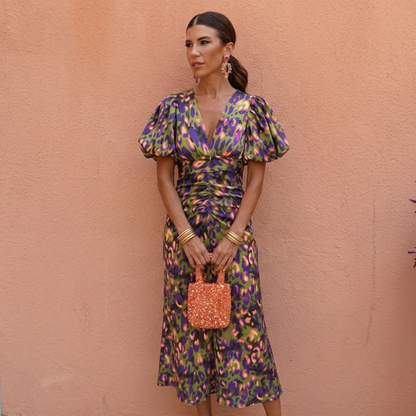 Vestido primavera mujer escote V con mangas abullonadas – estilo elegante femenino