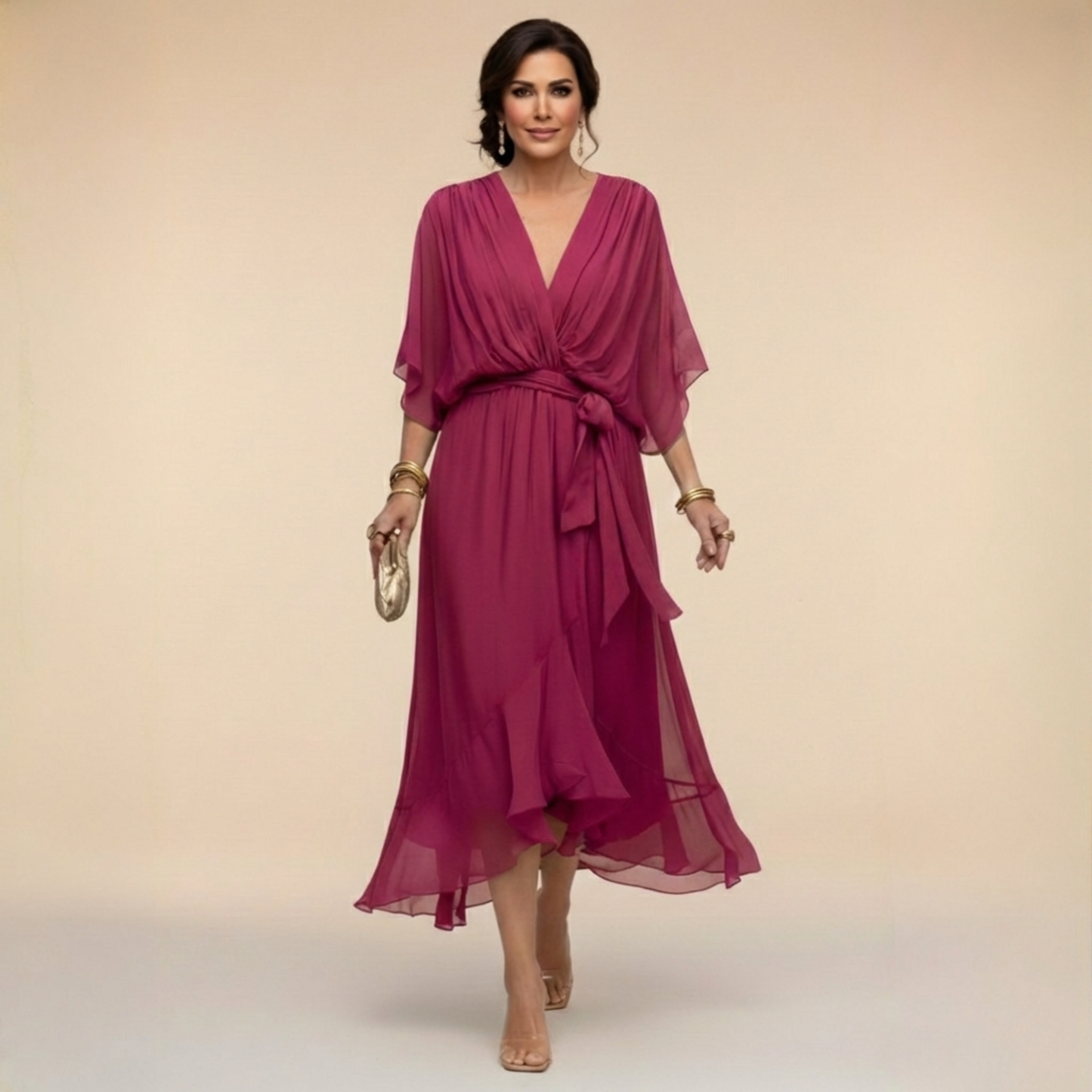 Vestido chiffon mujer escote V fluido – elegante y ligero