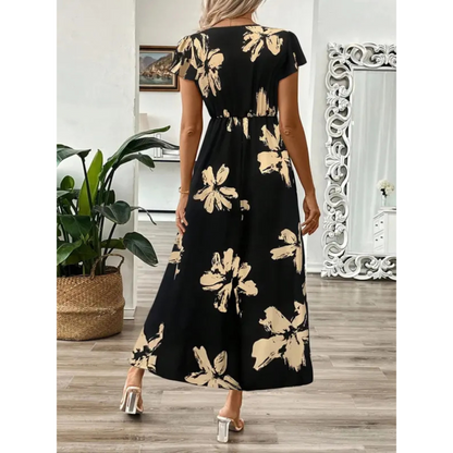 Vestido maxi mujer flores negro beige elegante fluido