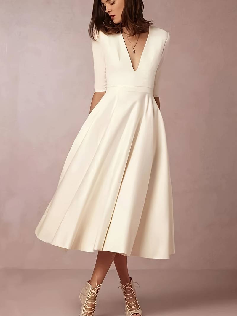 Isabela | Vestido midi de invitada con falda acampanada elegante para mujer