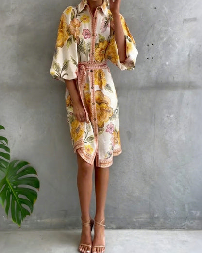 Vestido elegante de flores para mujer con mangas farol y botones