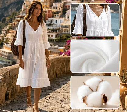Vestido midi de algodón para mujer con escote en V y mangas acampanadas