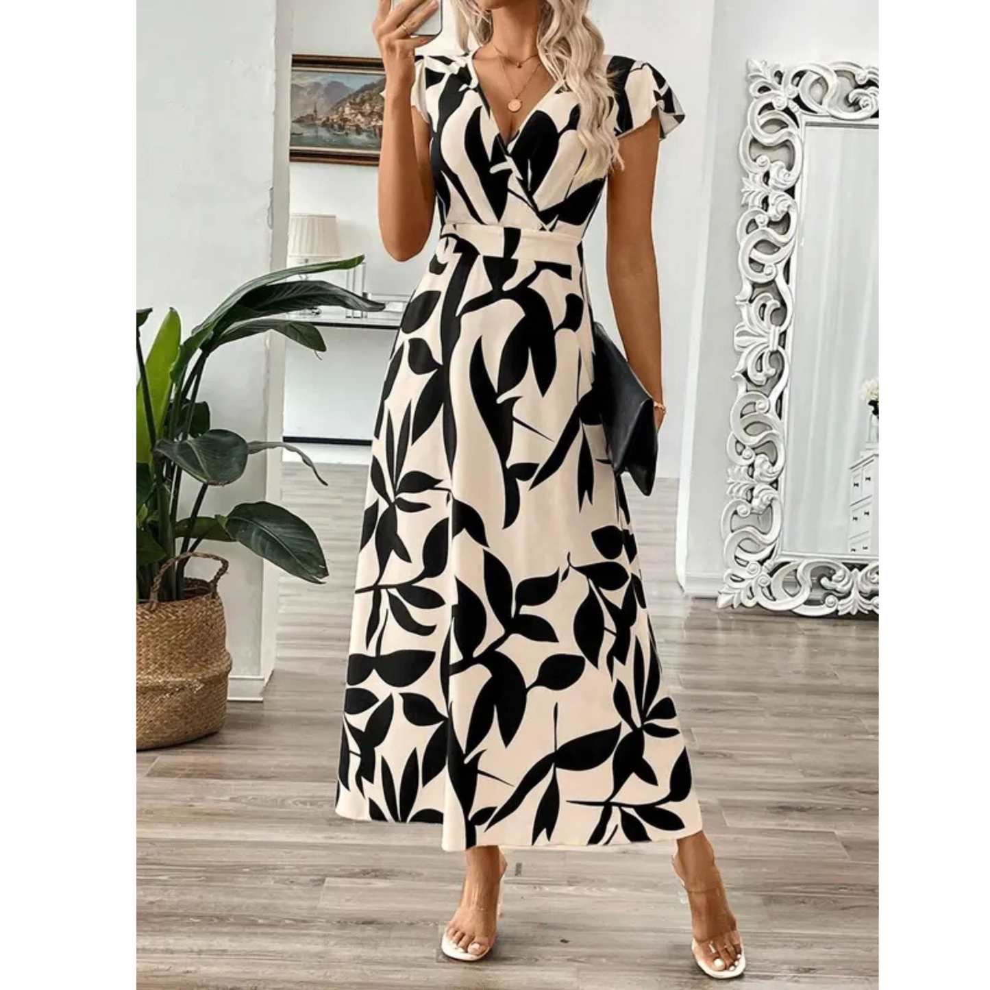 Vestido maxi mujer flores negro beige elegante fluido