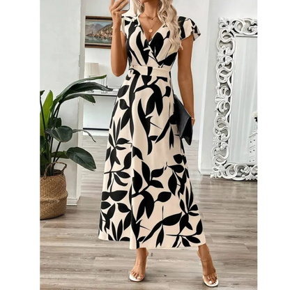 Vestido maxi mujer flores negro beige elegante fluido