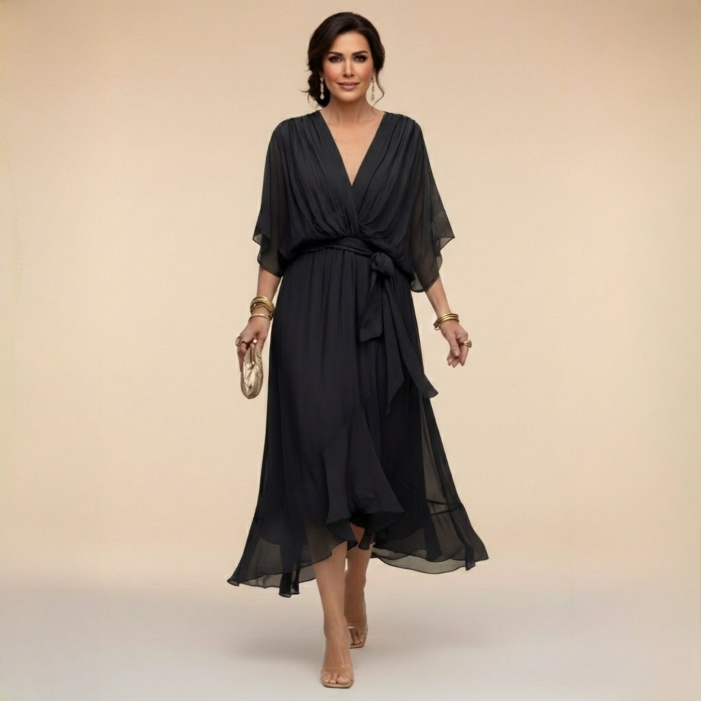 Vestido chiffon mujer escote V fluido – elegante y ligero
