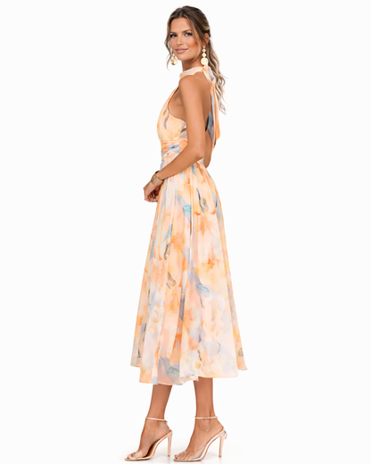 Aurora | Vestido con cuello halter y estampado en acuarela