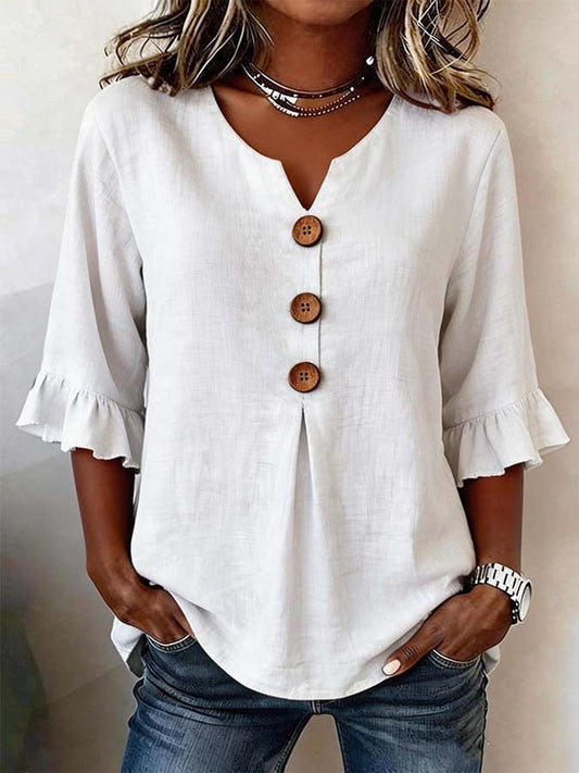 Blusa mujer botones mangas volante – casual elegante ligera