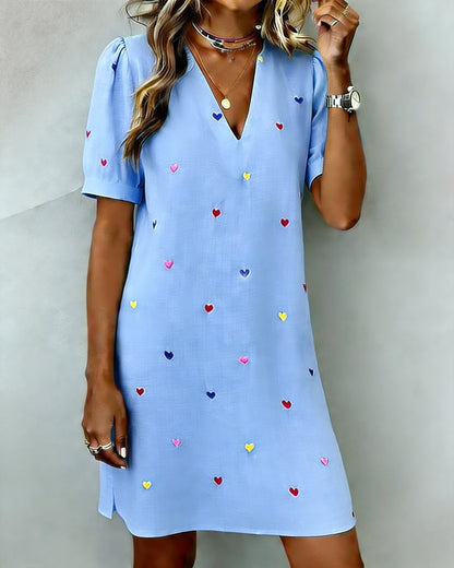 Vestido corto mujer algodón lino estampado corazones escote V manga abullonada