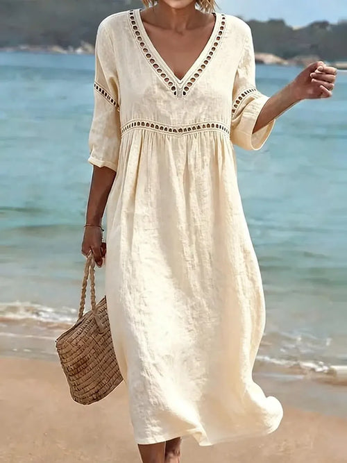 Vestido mujer algodón cuello V fluido – casual verano elegante