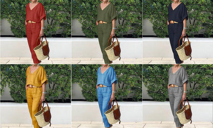 Conjunto mujer cuello V pantalón recto bolsillos casual chic