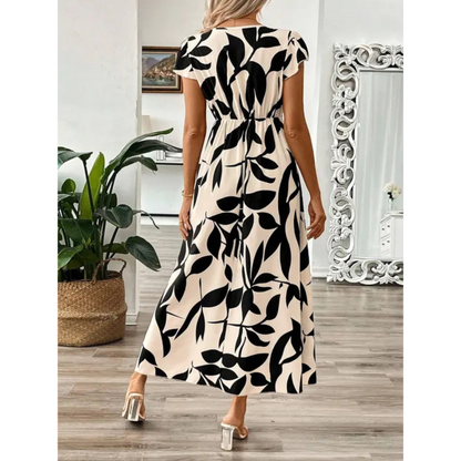 Vestido maxi mujer flores negro beige elegante fluido