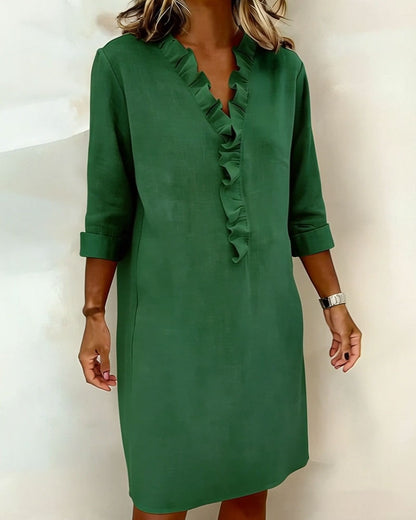 Vestido mujer lino algodón escote V volantes elegante casual