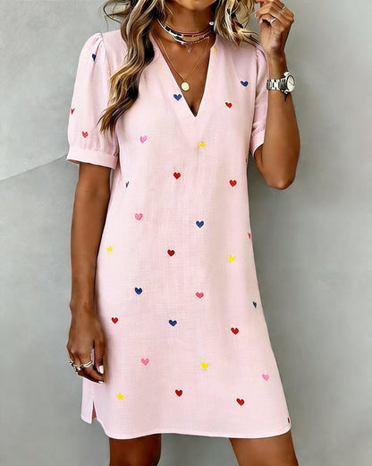 Vestido corto mujer algodón lino estampado corazones escote V manga abullonada