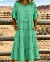 Vestido largo para mujeres de algodón y lino con volantes