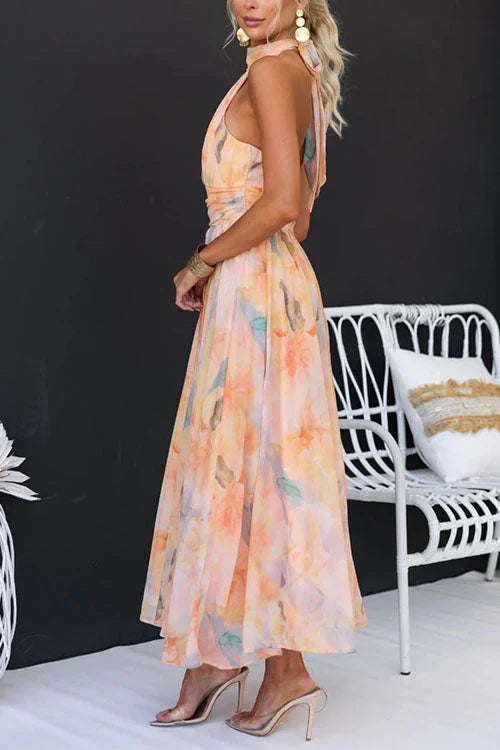 Tecla | Vestido maxi de verano para mujer con diseño halter y estampado floral