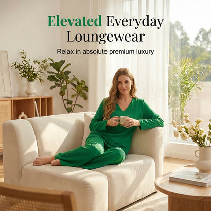 Conjunto mujer fluido con escote en V y pantalón ancho elegante