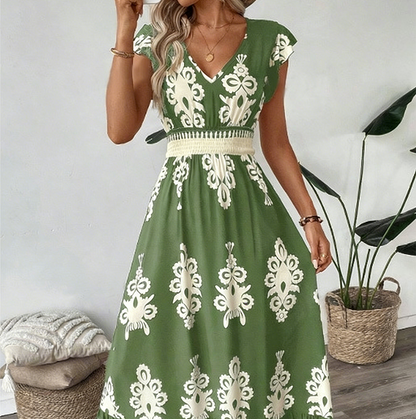 Vestido largo para mujer con estampado barroco y escote en V