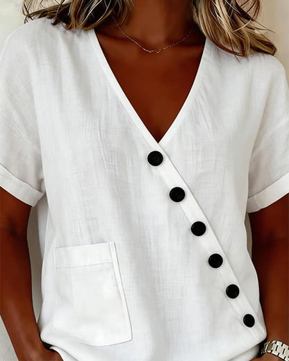 Top Mujer Algodón Lino con Botones Diagonales – Estilo Moderno y Cómodo
