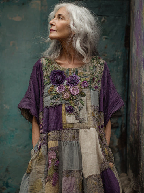 Vestido Patchwork Mujer – Diseño Artístico con Corte Fluido y Detalles Florales